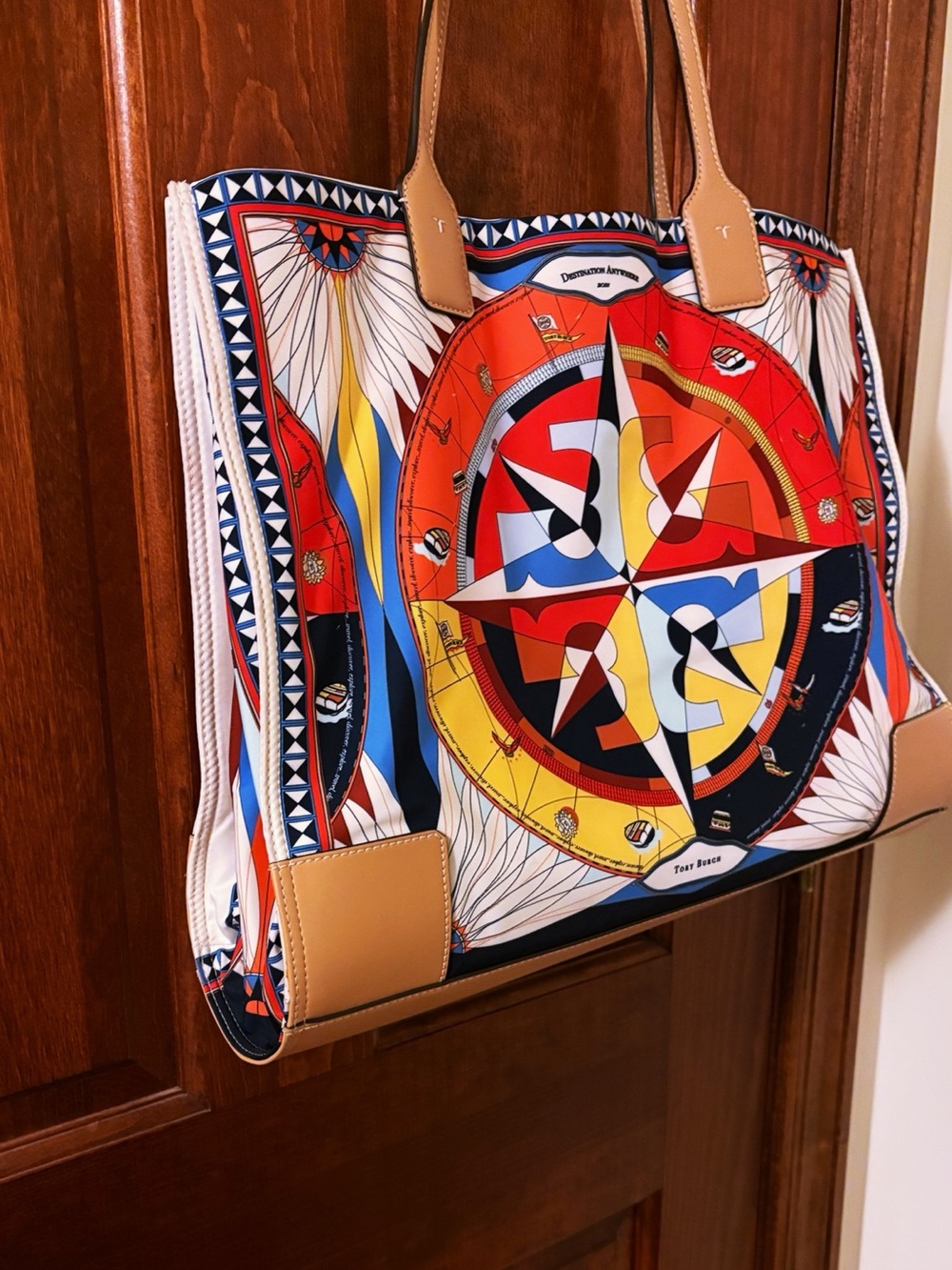 TORY BURCH Ella Sustainable Printed Tote Purse Rose Des Vents Compass Ltd EUC - Picture 2 of 10